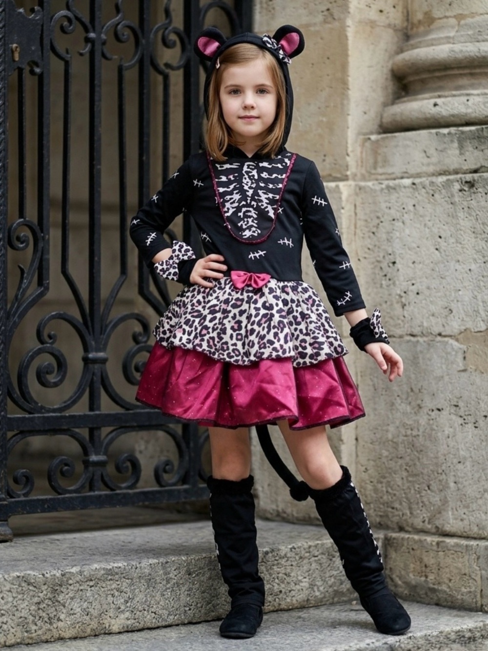 Girls Black & Pink Leopard Cat Dress Halloween Costume